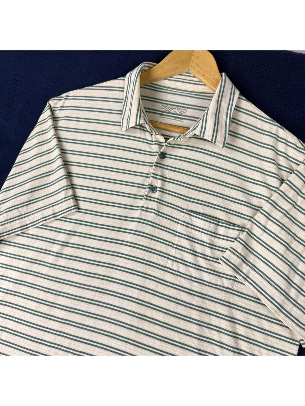 Patagonia Polo Shirt Men M Green Stripe Organic Cotton Casual Outdoor Summer